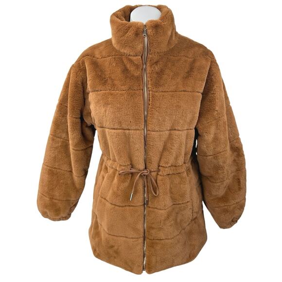 Elie Tahari Brown Faux Fur Shearling Long Sleeve Zip Drawstring Coat Jacket Sz M - Picture 1 of 5